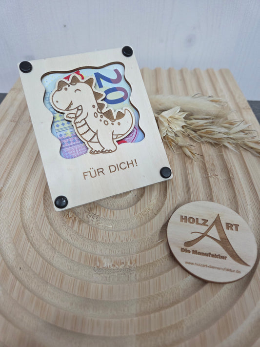 Geldgeschenk aus Holz mit Dino – Originelle Geschenkkarte für jeden Anlass