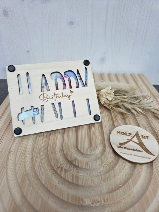 Geschenkverpackung zum Geburtstag „HAPPY Birthday“: Die edle Holz-Verpackung für Geld & Gutscheine – Perfekt für jeden Geburtstag & Herzensmenschen
