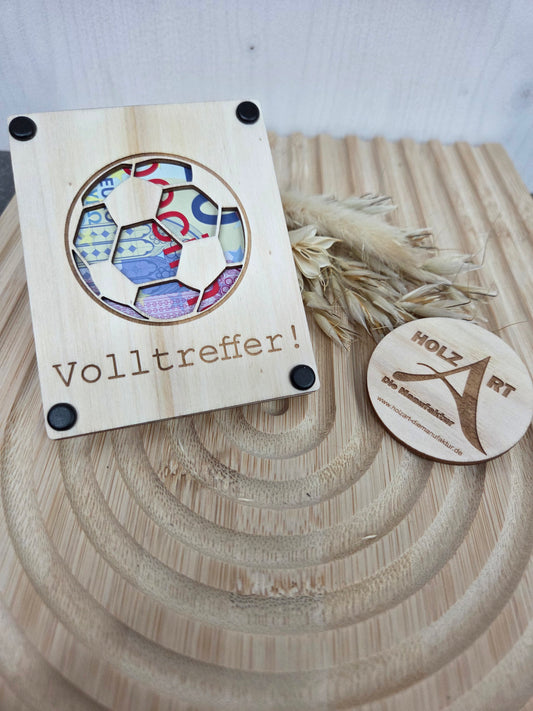 Geschenkverpackung „Volltreffer!“: Die edle Holz-Verpackung für Geld & Gutscheine – Perfekt für Fußballfans & Sportbegeisterte