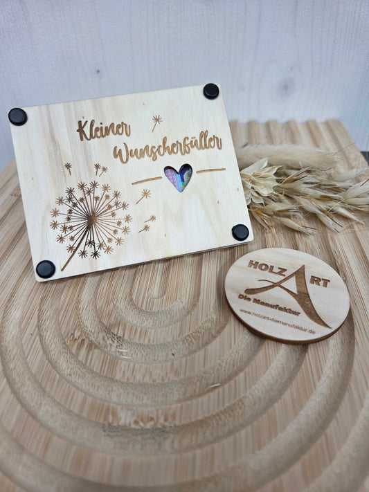 Geldgeschenk "Kleiner Wunscherfüller" aus Holz mit Pusteblume – Originelle Geld- & Gutscheinverpackung